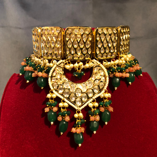 MEHAR Designer Bottle Green/Peach Kundan Necklace Set