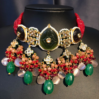 ZOYA Emerald/Red/Peach Combo Kundan Necklace Set