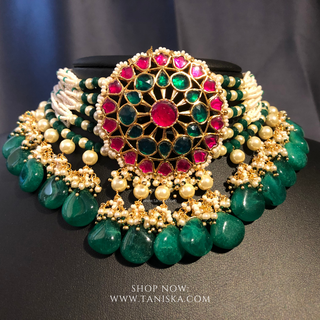 DEEPIKA Emerald Green / Ruby Pachi Kundan Necklace Set