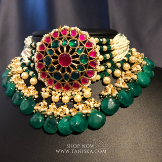 DEEPIKA Emerald Green / Ruby Pachi Kundan Necklace Set