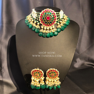 DEEPIKA Emerald Green / Ruby Pachi Kundan Necklace Set