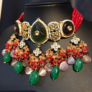 ZOYA Emerald/Red/Peach Combo Kundan Necklace Set