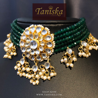 ANAYAT Dark Bottle Green Pachi Kundan Necklace Set