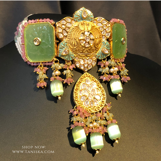 TANISKA Signature Collection - Mint/Pink Uncut Kundan Choker/Necklace Set