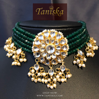 ANAYAT Dark Bottle Green Pachi Kundan Necklace Set