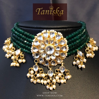 ANAYAT Dark Bottle Green Pachi Kundan Necklace Set