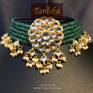 ANAYAT Emerald Green Pachi Kundan Necklace Set