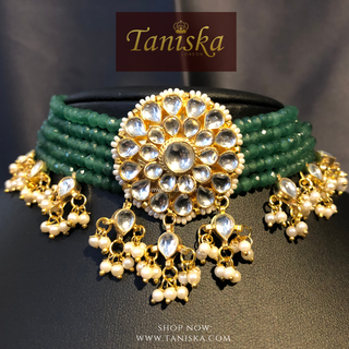 ANAYAT Emerald Green Pachi Kundan Necklace Set