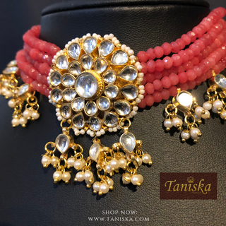 ANAYAT Rose Pink Pachi Kundan Necklace Set