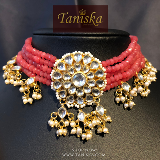 ANAYAT Rose Pink Pachi Kundan Necklace Set