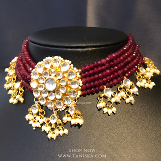 ANAYAT Deep Red Pachi Kundan Necklace Set