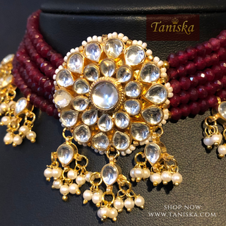 ANAYAT Deep Red Pachi Kundan Necklace Set