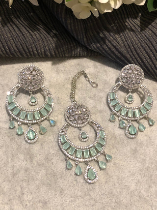 American Diamond Style Earring & Tikka Set - Mint / Silver