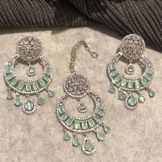 American Diamond Style Earring & Tikka Set - Mint / Silver