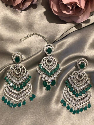 American Diamond Style Earring & Tikka Set - Emerald Green / Silver