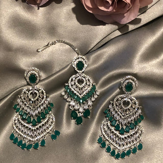 American Diamond Style Earring & Tikka Set - Emerald Green / Silver