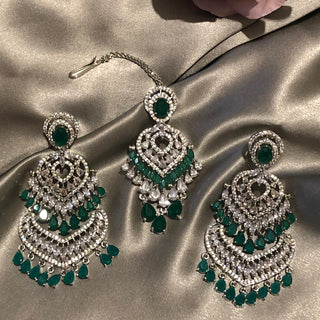 American Diamond Style Earring & Tikka Set - Emerald Green / Silver