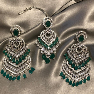 American Diamond Style Earring & Tikka Set - Emerald Green / Silver