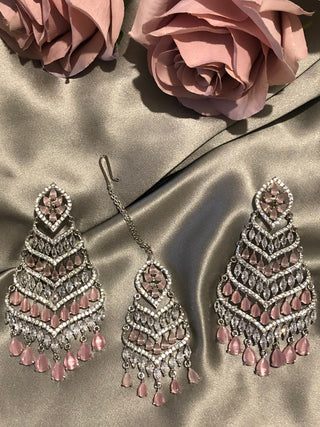 American Diamond Style Earring & Tikka Set - Baby Pink / Silver