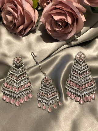 American Diamond Style Earring & Tikka Set - Baby Pink / Silver