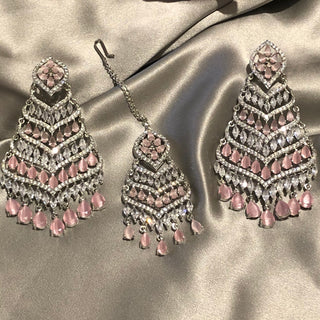 American Diamond Style Earring & Tikka Set - Baby Pink / Silver