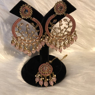 ALIA Designer Earring & Tikka Set - Baby Pink