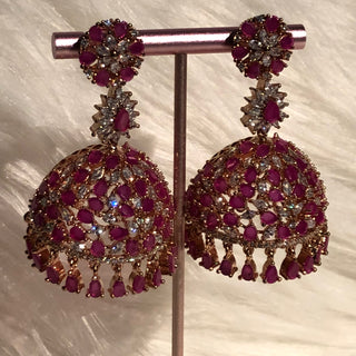 American Diamond Style Earring & Tikka Set - Hot Pink / Rose Gold