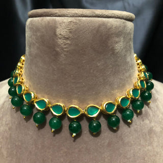 ROYAL Kundan Necklace Set - Emerald Green (with Meenakari)