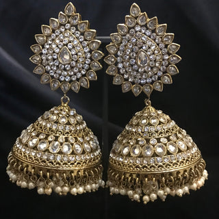 JODHA Antique Golden Large Jhumki Earrings & Tikka