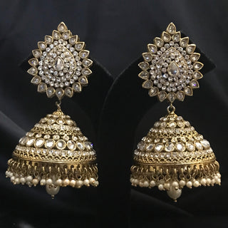 JODHA Antique Golden Large Jhumki Earrings & Tikka