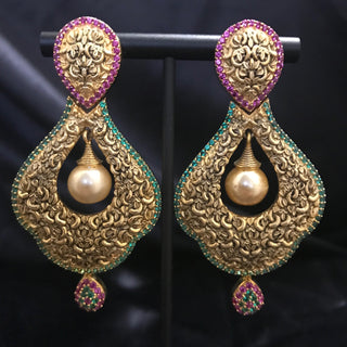 Antique Golden Earrings & Tikka - Golden, Hot Pink, Mint Tones