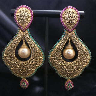 Antique Golden Earrings & Tikka - Golden, Hot Pink, Mint Tones