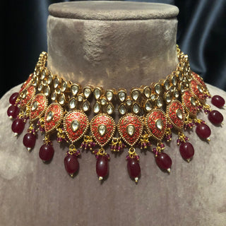 Deep Reds/Maroon Meenakari Uncut Kundan Necklace Set