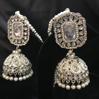 Antique Silver Earring & Tikka Set (with Earring Chain, Sahare) - Silver