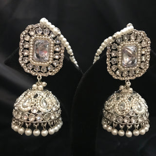 Antique Silver Earring & Tikka Set (with Earring Chain, Sahare) - Silver