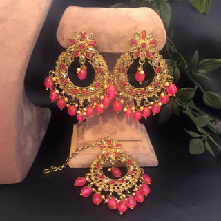 Pearly Necklace Set (Necklace, Earrings, Tikka) - Hot Pink