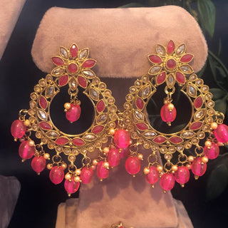 Pearly Necklace Set (Necklace, Earrings, Tikka) - Hot Pink