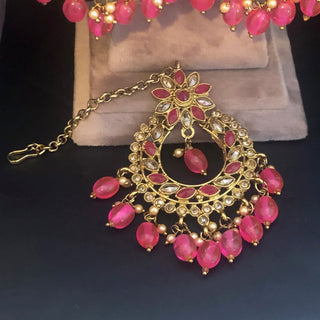 Pearly Necklace Set (Necklace, Earrings, Tikka) - Hot Pink