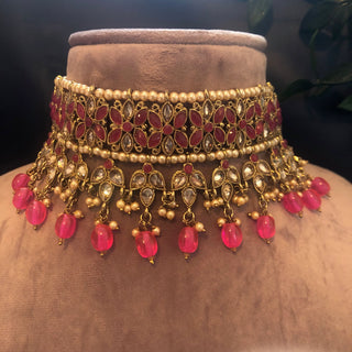 Pearly Necklace Set (Necklace, Earrings, Tikka) - Hot Pink