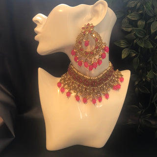 Pearly Necklace Set (Necklace, Earrings, Tikka) - Hot Pink