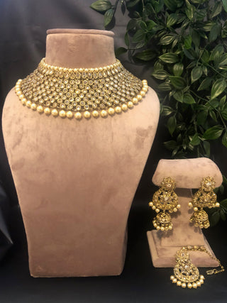 Pearly Necklace Set (Necklace, Earrings, Tikka) - Golden