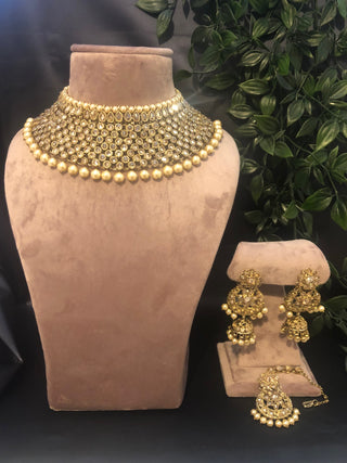 Pearly Necklace Set (Necklace, Earrings, Tikka) - Golden