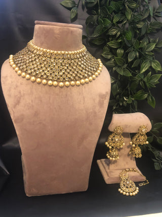 Pearly Necklace Set (Necklace, Earrings, Tikka) - Golden