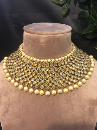 Pearly Necklace Set (Necklace, Earrings, Tikka) - Golden