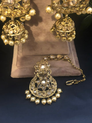 Pearly Necklace Set (Necklace, Earrings, Tikka) - Golden