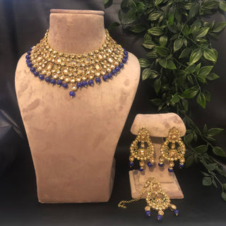 Pearly Necklace Set (Necklace, Earrings, Tikka) - Golden / Blue