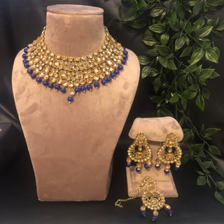 Pearly Necklace Set (Necklace, Earrings, Tikka) - Golden / Blue