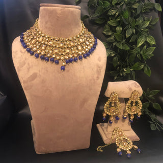 Pearly Necklace Set (Necklace, Earrings, Tikka) - Golden / Blue