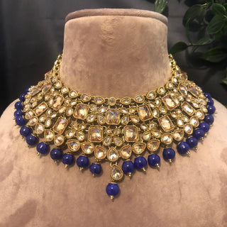 Pearly Necklace Set (Necklace, Earrings, Tikka) - Golden / Blue