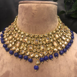 Pearly Necklace Set (Necklace, Earrings, Tikka) - Golden / Blue